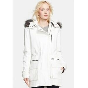 Vince White Genuine Coyote Fur Trim Hood Zip Longline Quilted Lining Parka Coat